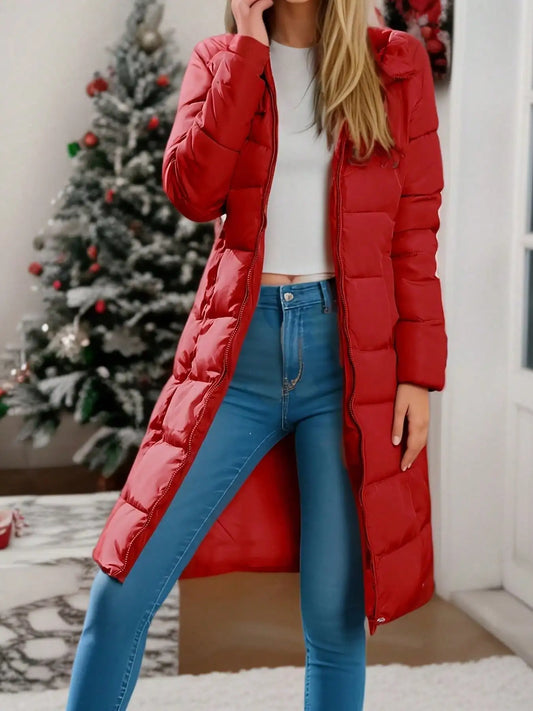 Red Long Quilted Hooded Winter Parka Jacket For Women, Slim Fit Warm Coats