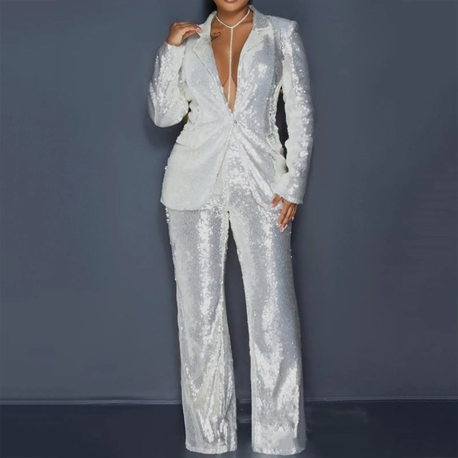 New Glitter Sequins Blazer Suits Women'S 2-Piece Set Autumn Notch Lape