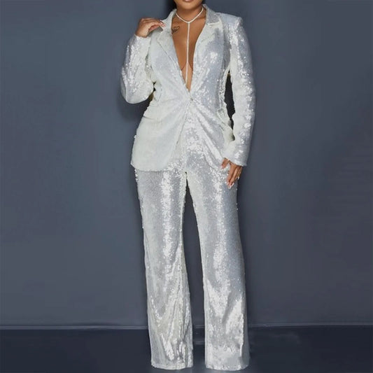 New Glitter Sequins Blazer Suits Women'S 2-Piece Set Autumn Notch Lape