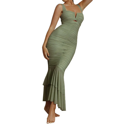 Elegant Lace Sleeveless Bodycon Dress with Mermaid Hem and Deep V Neck