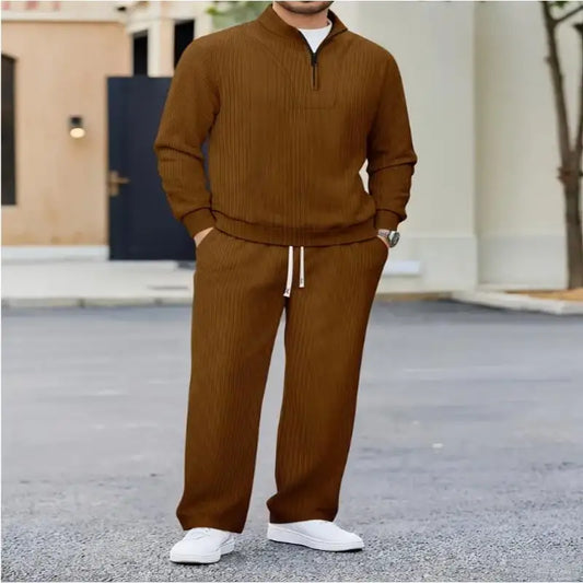 Men's Corduroy Ribbed Texture Half - Zip Set, Casual Stand - Collar Hoodie + Straight - Leg Pants, Top Choice for Daily Outings