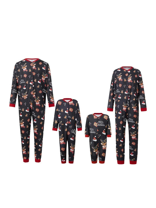 Christmas Family Matching Pajamas Set with Reindeer and Santa Hat Print for a Festive Holiday Look
