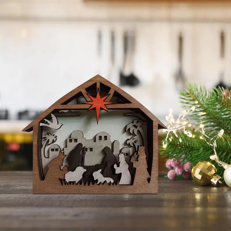 Lighted Wooden Nativity Scene Christmas Tabletop Wooden 3D Nativity Statue Seasonal Decoration Pography Props Indoor Ornament