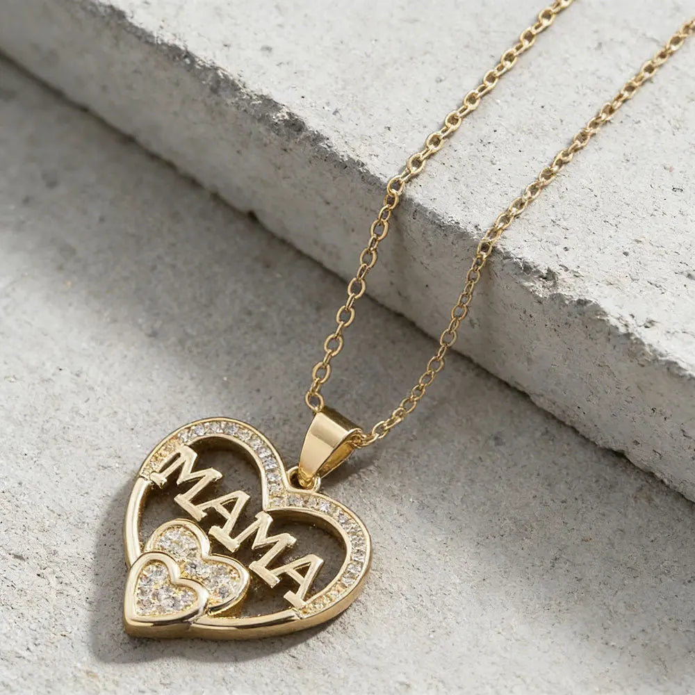 1Pc Personalized Micro Pave Diamond Mama Necklace Cross-Border Heart Color Retention Pendant