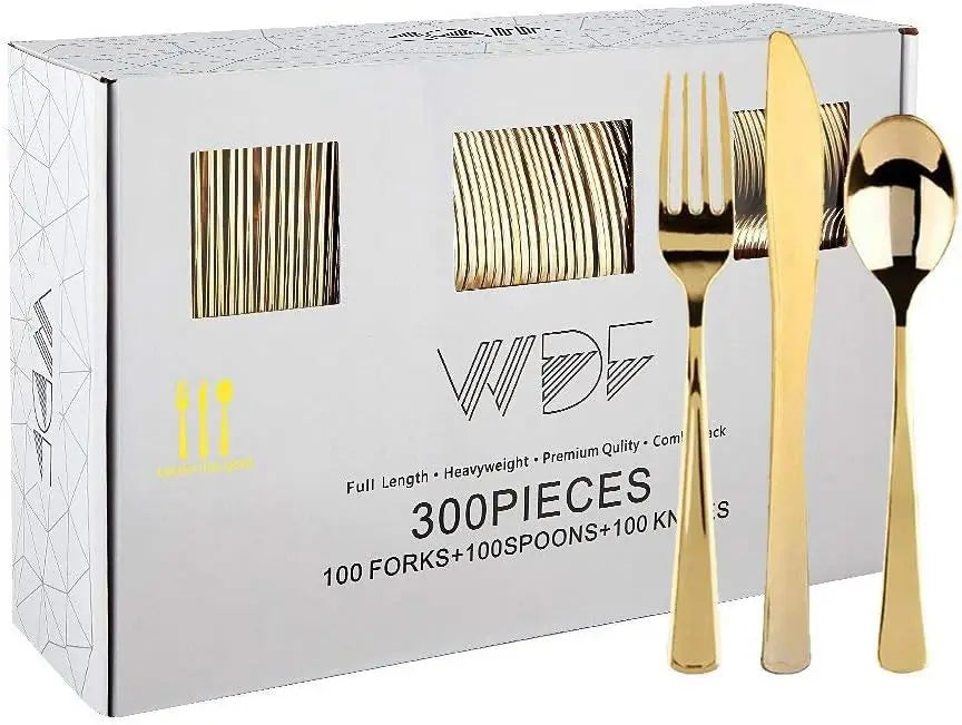 300-Piece Gold Plastic Silverware Set: Heavy Duty Disposable Cutlery With Forks, Spoons, Knives For Parties And Valentine'S Day