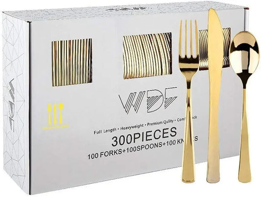300-Piece Gold Plastic Silverware Set: Heavy Duty Disposable Cutlery With Forks, Spoons, Knives For Parties And Valentine'S Day