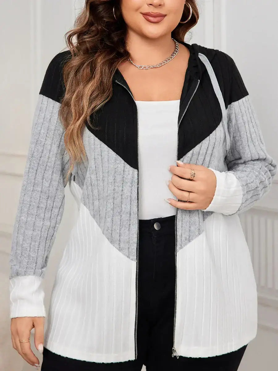 Women Plus Size Hooded Cardigan Sweater with Zipper Closure and Ribbed Detailing for a Casual and Cozy Look