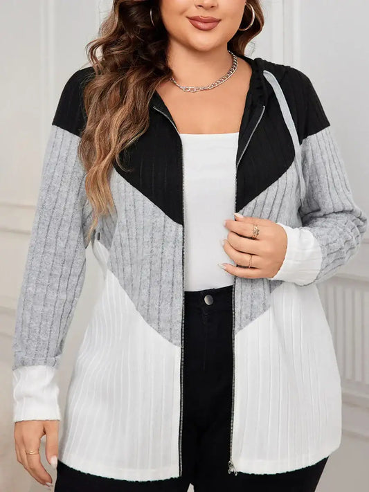 Women Plus Size Hooded Cardigan Sweater with Zipper Closure and Ribbed Detailing for a Casual and Cozy Look