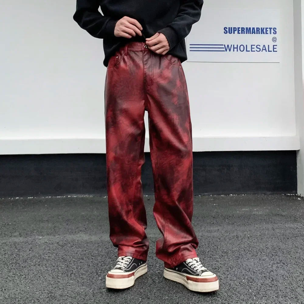 Mentreetwear Fashion Hip Hop Punk Gothic Vibe Casual Straight Leather Pant Man Y2k Trousers Motorcycle Pants Stage Clothing