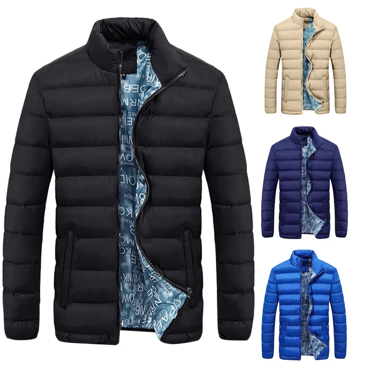 Men Casual Quilted Jacket Cotton Autumn Winter Turtleneck Puffer Outwears Solid Color Zip Up Cotton Down Jackets For Men