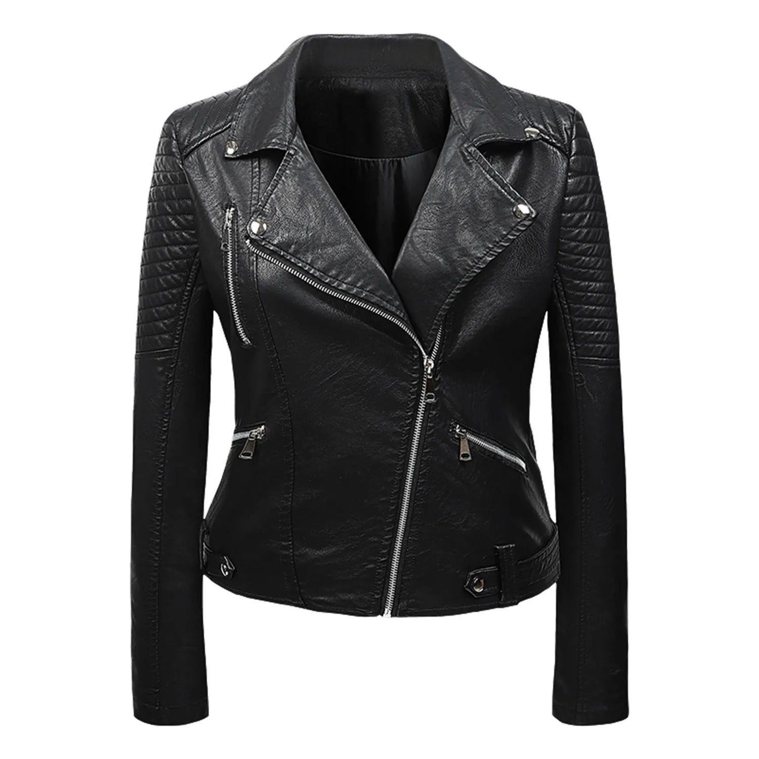 Women'S Short Pu Leather Jacket  Flare Sleeve, Zip-Up, Asymmetric, Str