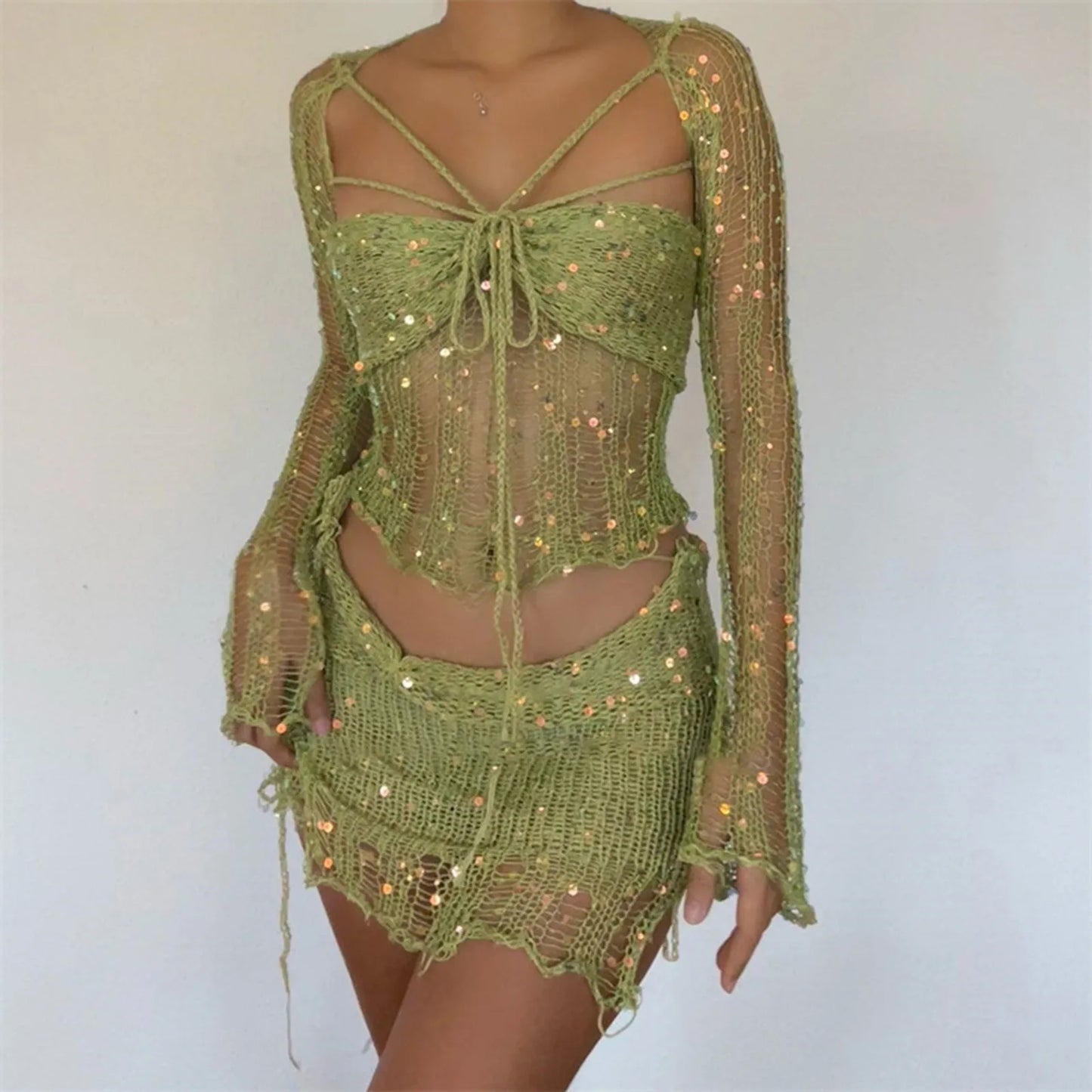 Women Crochet Knitted Dress Hollow Sequins Bandage Gorgeous Crop Tops Eleg