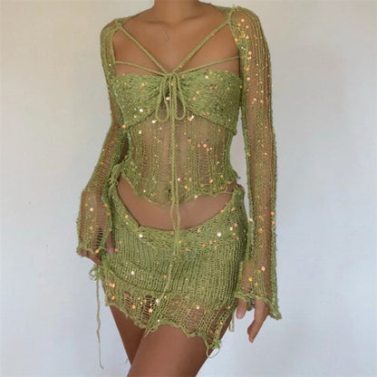 Women Crochet Knitted Dress Hollow Sequins Bandage Gorgeous Crop Tops Eleg