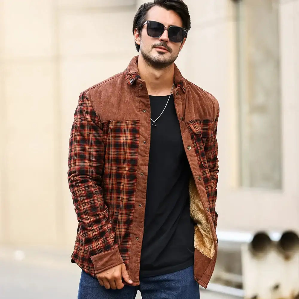 Men'S Winter Windproof Casual Coat - Plaid Sherpa Lined Flannel Outdoor Jacket