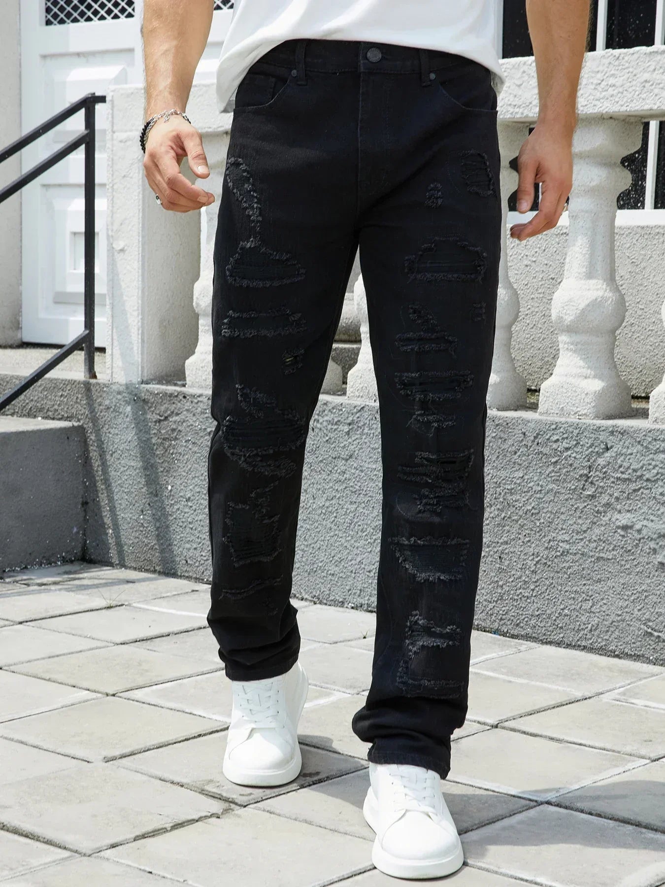 Men's denim stretch pants, full of holes, trend color wash water, embroidery car chaos, slim-fit style, street rock-105BLACK