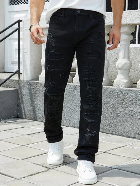 Men's denim stretch pants, full of holes, trend color wash water, embroidery car chaos, slim-fit style, street rock-105BLACK
