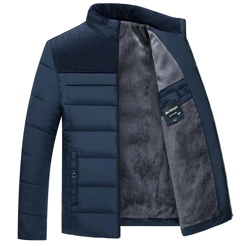 Men'S Plush Thickened Puffer Parka - Stand Collar Winter Warm Padded Overcoat With Zipper