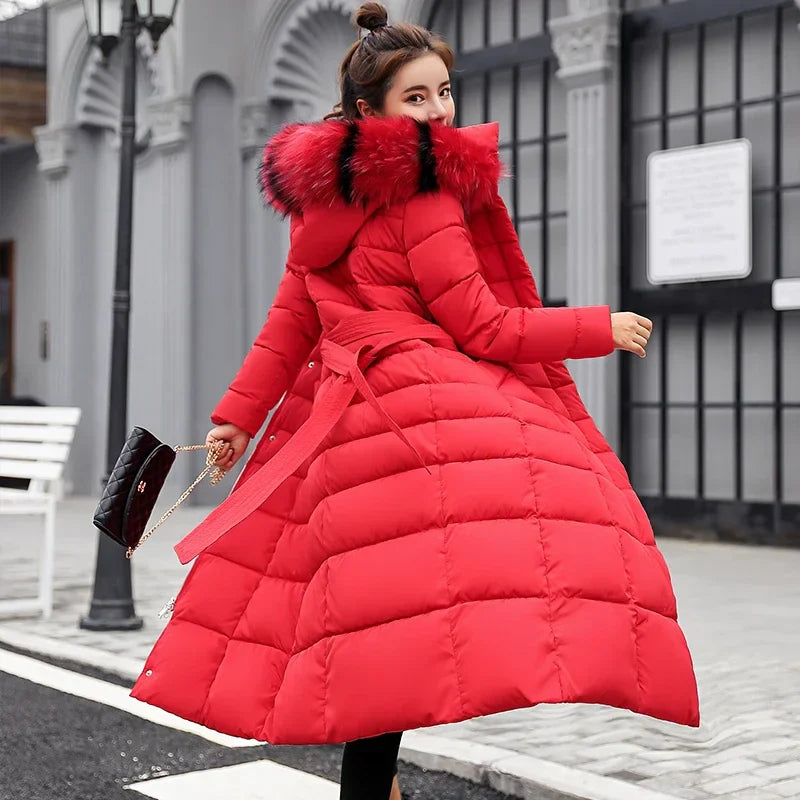 2025 Winter Women Jacket Warm Fashion Comfortable Bow Belt Fox Fur Collar Clothes Long Dress Office Casual Women Thick Coat