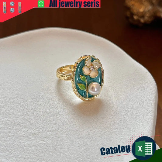 Elegant Floral Pearl Adjustable Open Ring Gold Plated Statement Index Foldableer Ring for Women Luxury Jewelry