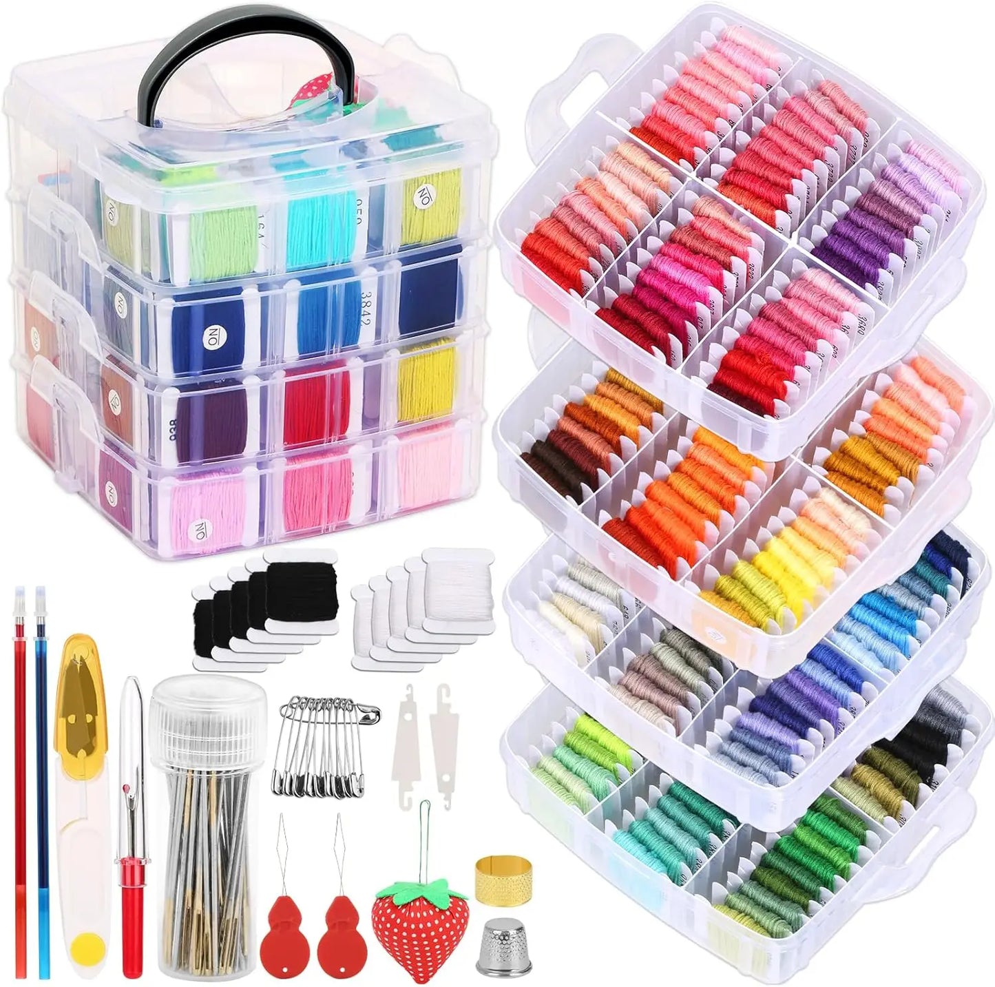276-Pack Embroidery Floss Thread Kit With 210 Colors, 66 Accessories & 4-Tier Storage Box For Cross Stitch Sewing