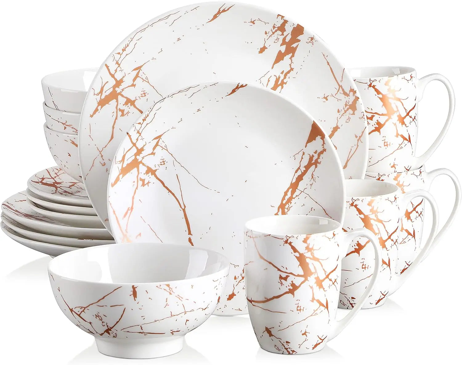 White Dinnerware Sets For 4, 16 Piece Porcelain Dish Set Plates And Bowls Sets, Gold Splash Glaze Ceramic Dinner Set With Mugs,