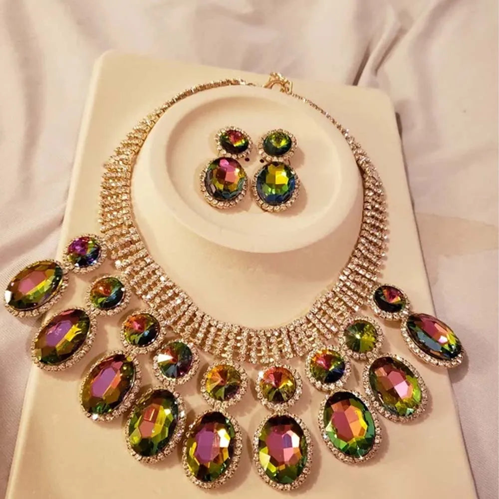 Wedding Nigerian Jewelry Set Wedding Gifts Colorful Geometric Necklace Earrings Set Chunky Accessories Crystal Party