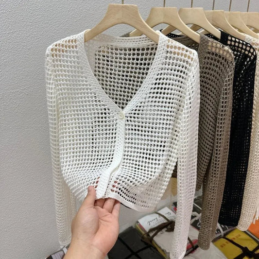 Hollow Mesh Ice Silk Sunscreen Jacket for Women's Summer Long Sleeved Outerwear with Small Shawl Knitted Cardigan