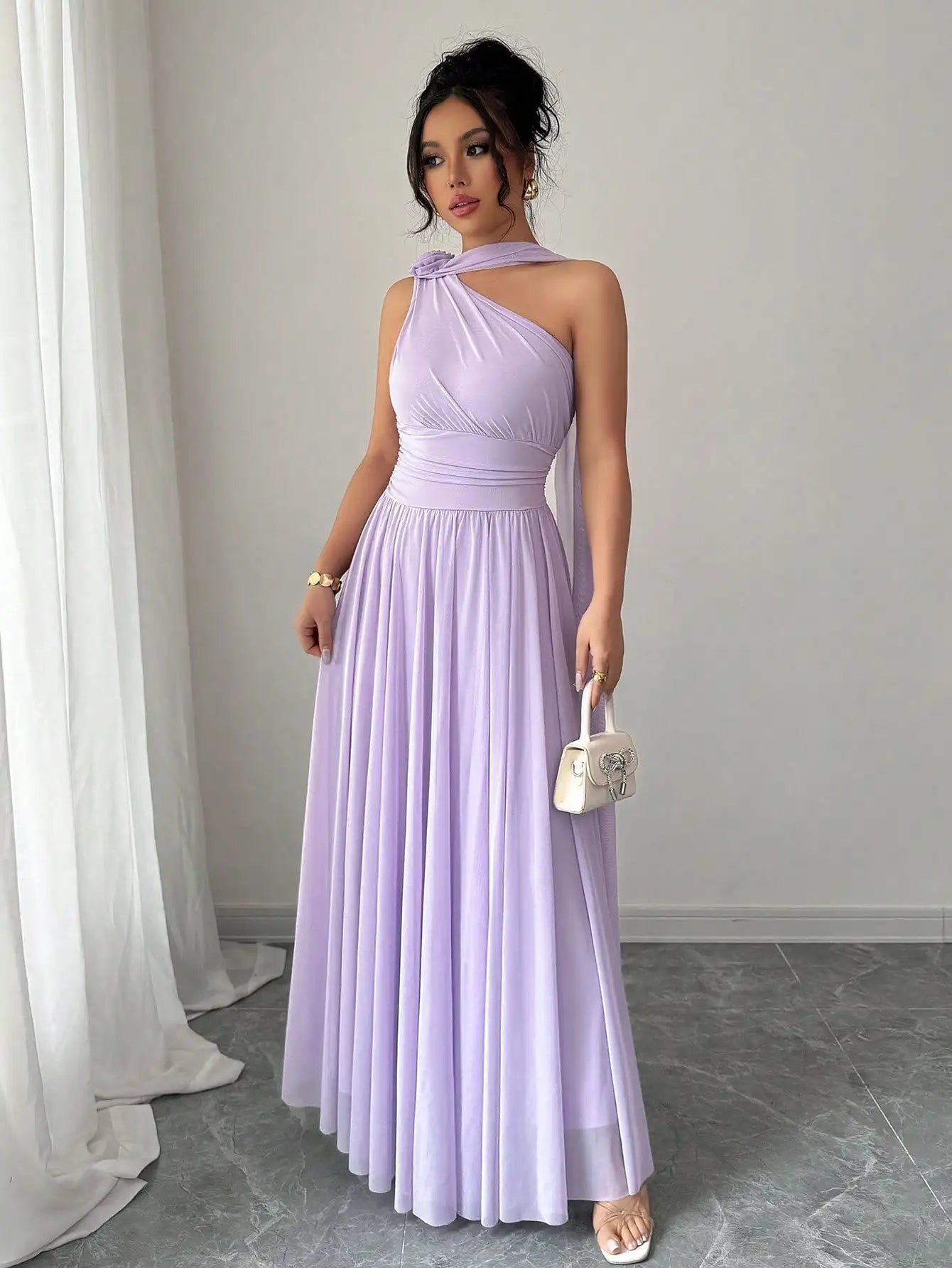 Women'S Lavender One-Shoulder Flowing Maxi Dress - Draped Neck Pleated Skirt For Weddings & Events