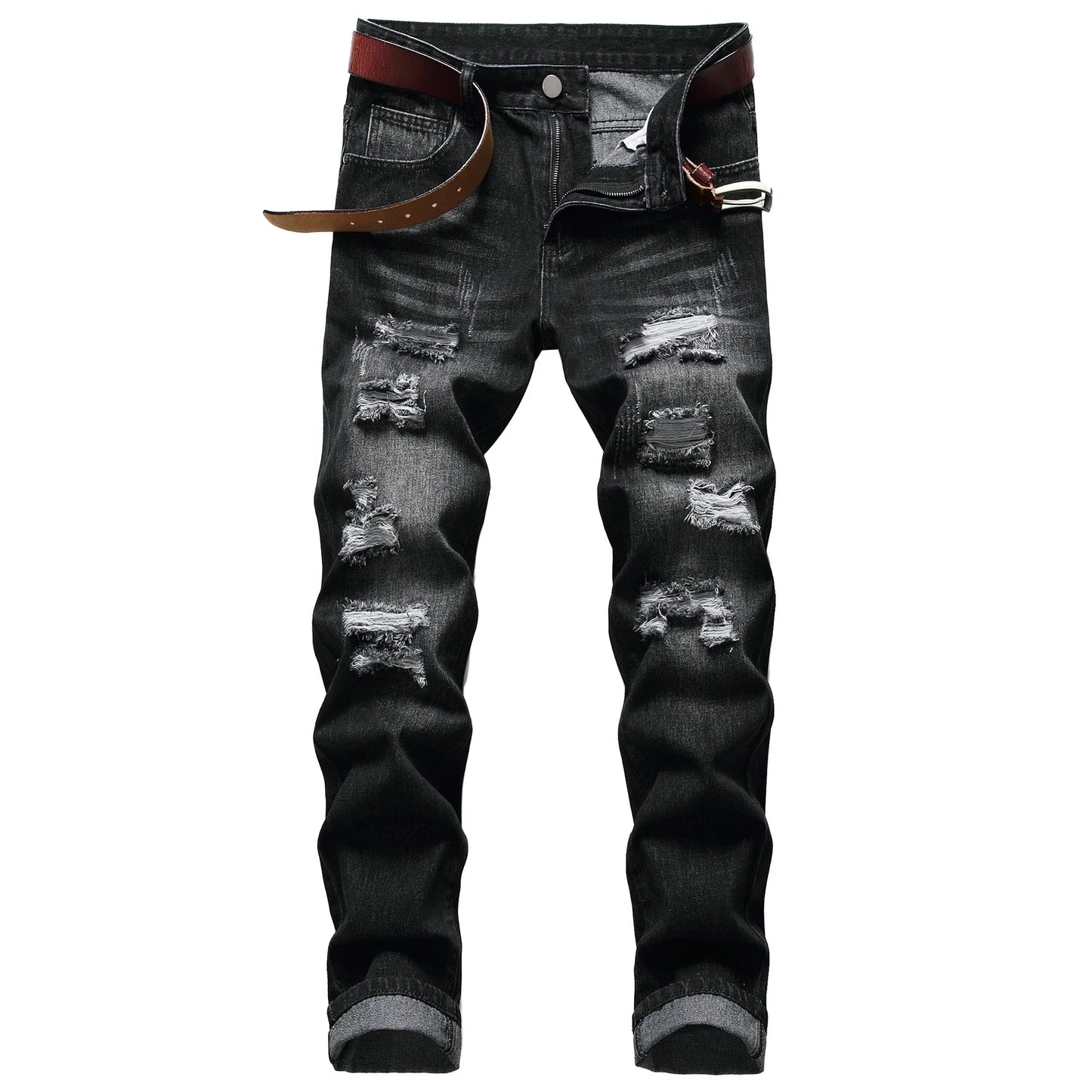Men's black casual ripped jeans, men's slim fashion casual denim trousers