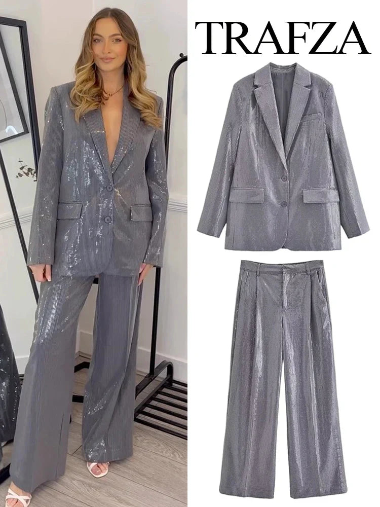 Women 2 Piece Suit Long Sleeves Lapel Pocket Sequins Decorate Single Breasted Blazers+High Waist Zipper Side Pockets Pant