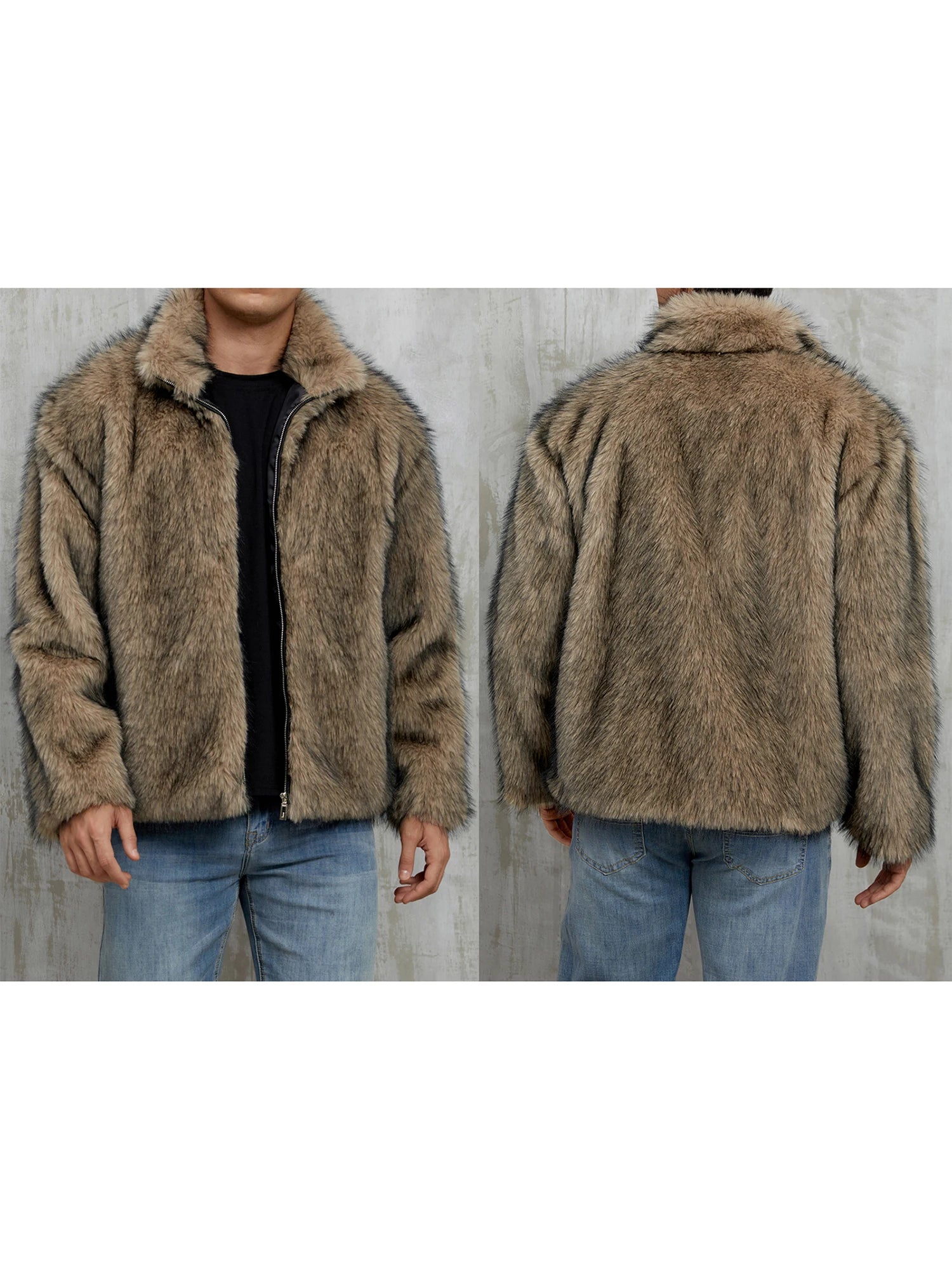 Men s Faux Fur Jacket Winter Thick Long Sleeve Stand Collar Loose Zip Up Coat Overcoat Warm Outwear Windbreaker Coat