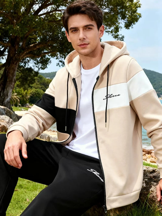 2-piece Men's autumn/winter printed zip-up long-sleeved sweatshirt and sweatpants set
