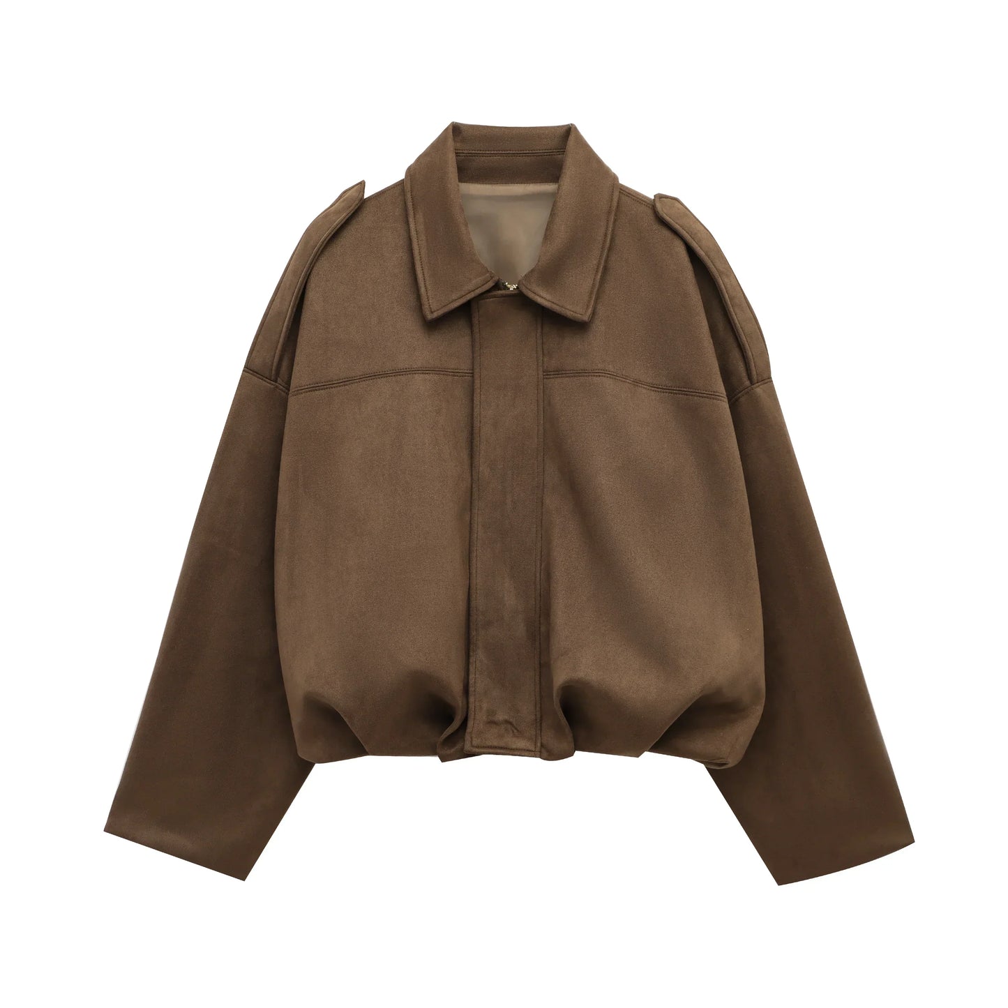 Women'S Brown Green Suede Jacket Loose Casual Bomber Coat Lapel Zipper Long Sleeve Jackets Vintage Lady Motorcycle Outwears