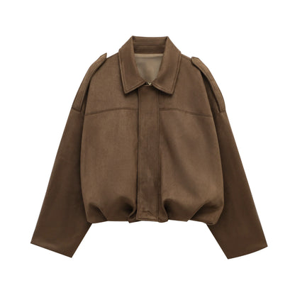 Women'S Brown Green Suede Jacket Loose Casual Bomber Coat Lapel Zipper Long Sleeve Jackets Vintage Lady Motorcycle Outwears