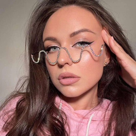 2024 Trendy Waved Eyeglasses Frame Sunglasses Face Accessories Charming Lady Dubai Rhinestone Mask Jewelry Party Gift