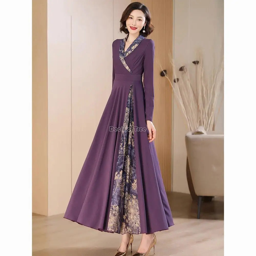 2025 autumn chinese style floral loose modified cheongsam dress Women purple cheongsam ao dai dress elegant daily qipao dress