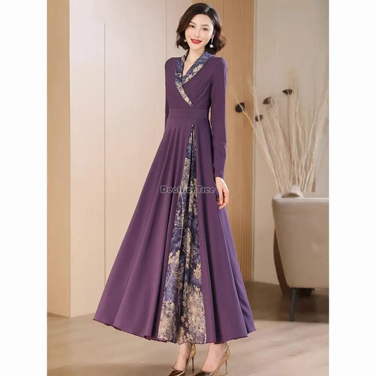 2025 autumn chinese style floral loose modified cheongsam dress Women purple cheongsam ao dai dress elegant daily qipao dress