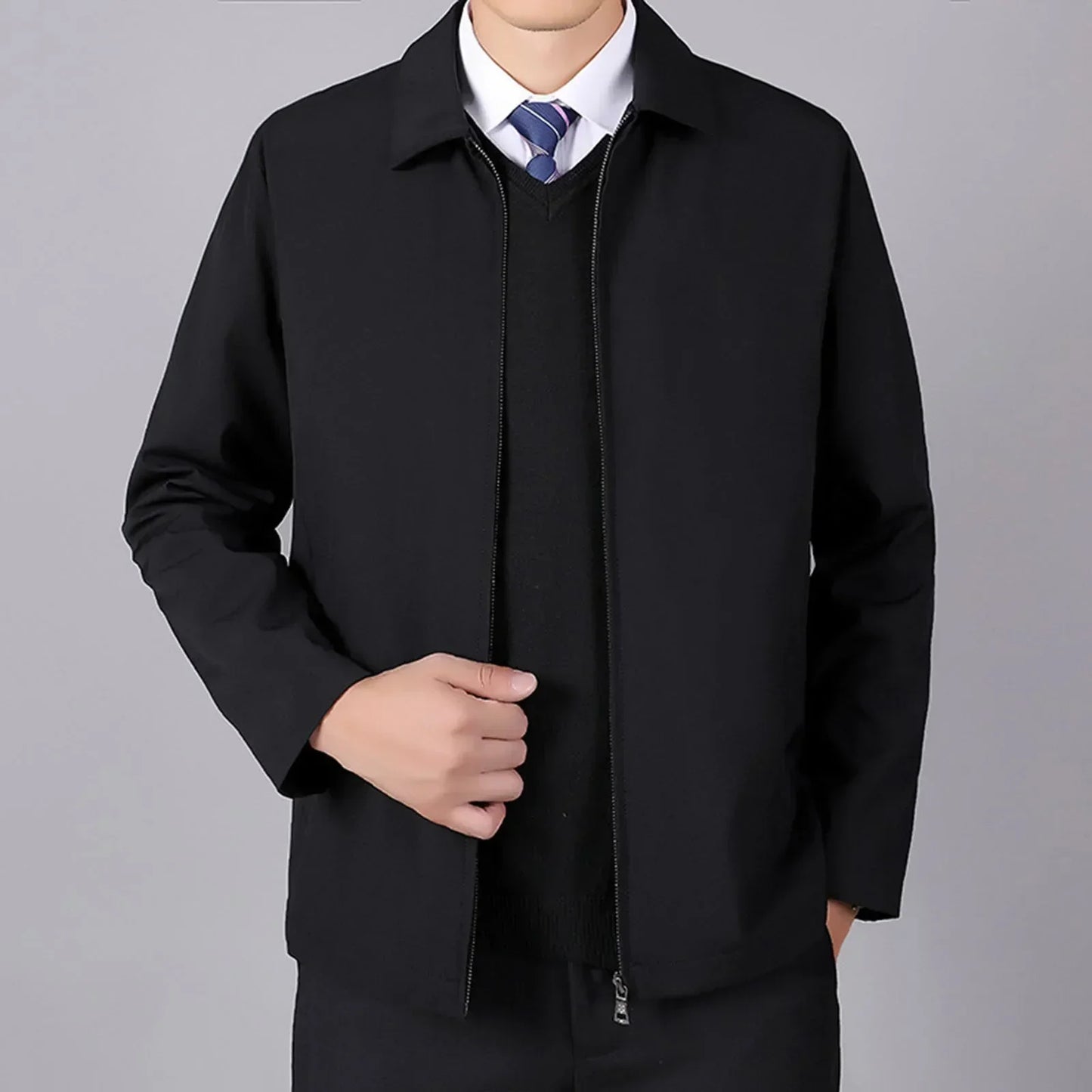 Men Autumn And Winter Business Coat Casual Stand Up Collar Long Zippered  Versatile Top Jacket For Formal Occasions