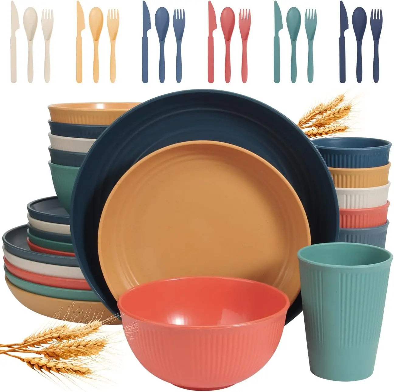 Wheat Straw Dinnerware Sets For 6 (42Pcs), Unbreakable Dinnerware Set, Kitchen Plates And Bowls Set, Unbreakable Plastic Outdoor