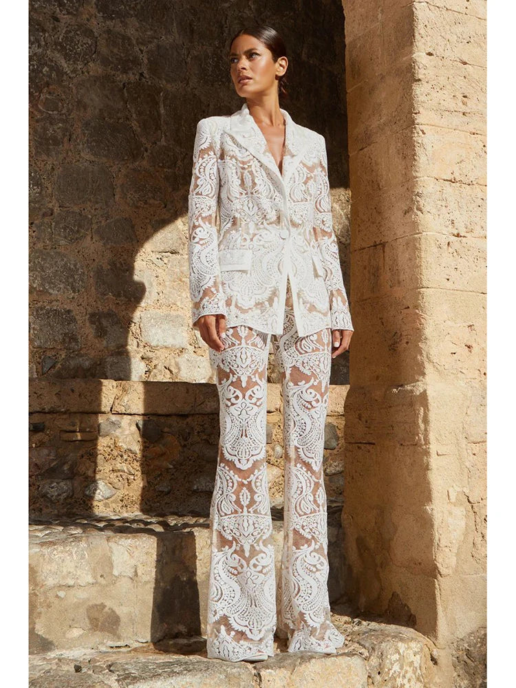 Newest 2024 Designer Runway Suit Set Womeningle Button Guipure Lace Sequined Blazer Pants Suit