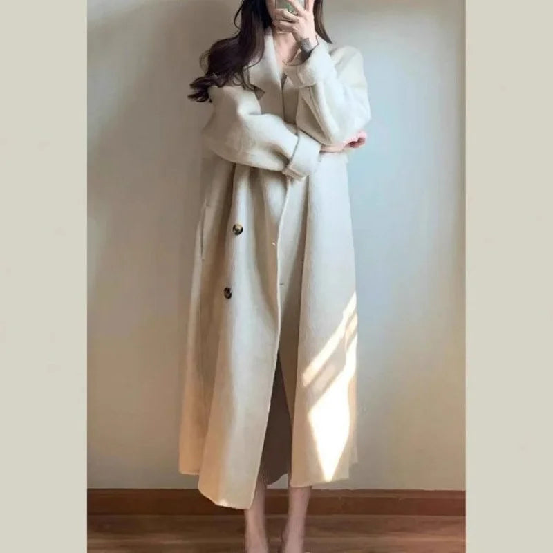 Women Autumn and Winter Woolen 2025 New Spliced   suit Collar Button Pocket Fashion Mid-length Coat