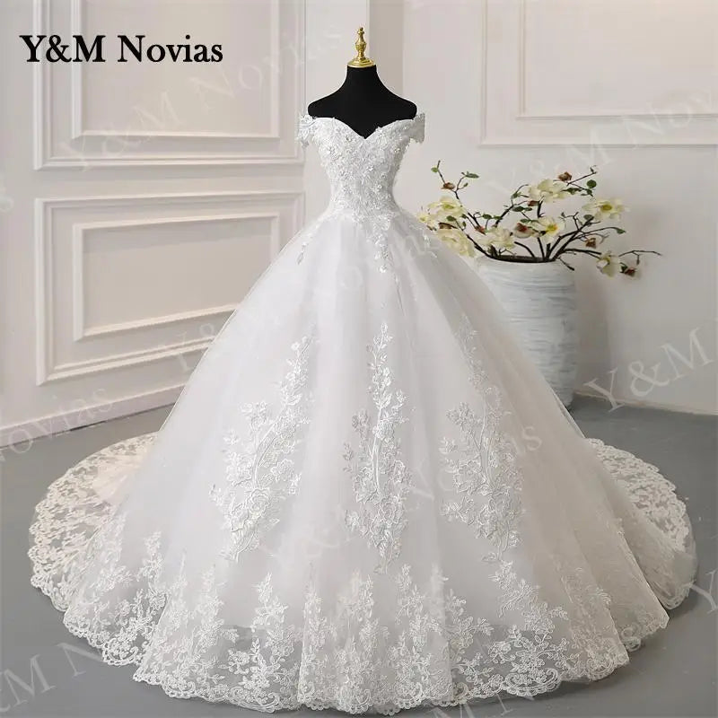 Y&M Novias Off Shoulder Plus Size Vestido De Noiva 2025 New Wedding Dress Train or Floor Customized large Bridal Tulle Mariage