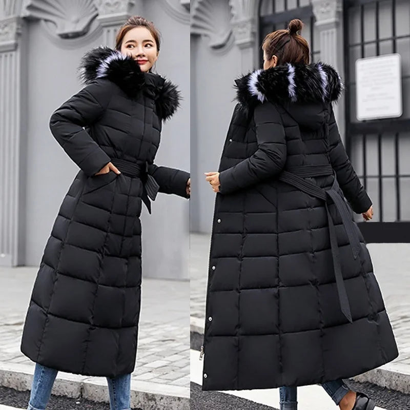 2025 Winter Women Jacket Warm Fashion Comfortable Bow Belt Fox Fur Collar Clothes Long Dress Office Casual Women Thick Coat