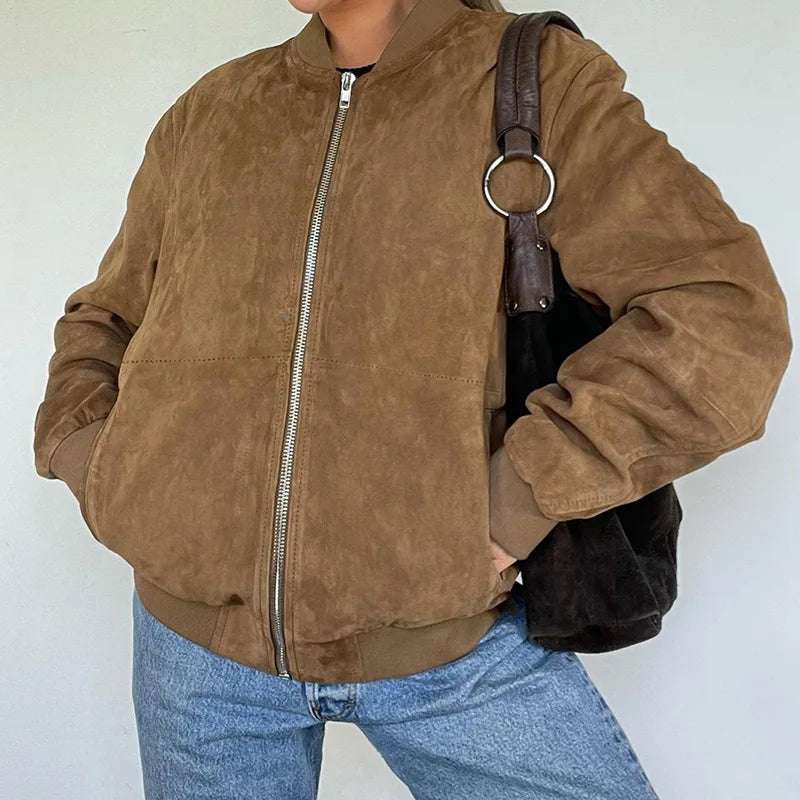 2025 Vintage Chocolate Leather Laple Jacket Women Chic Zipper Long Seleeve Pocket Short Coat New Autumn Ladies High Streetwear