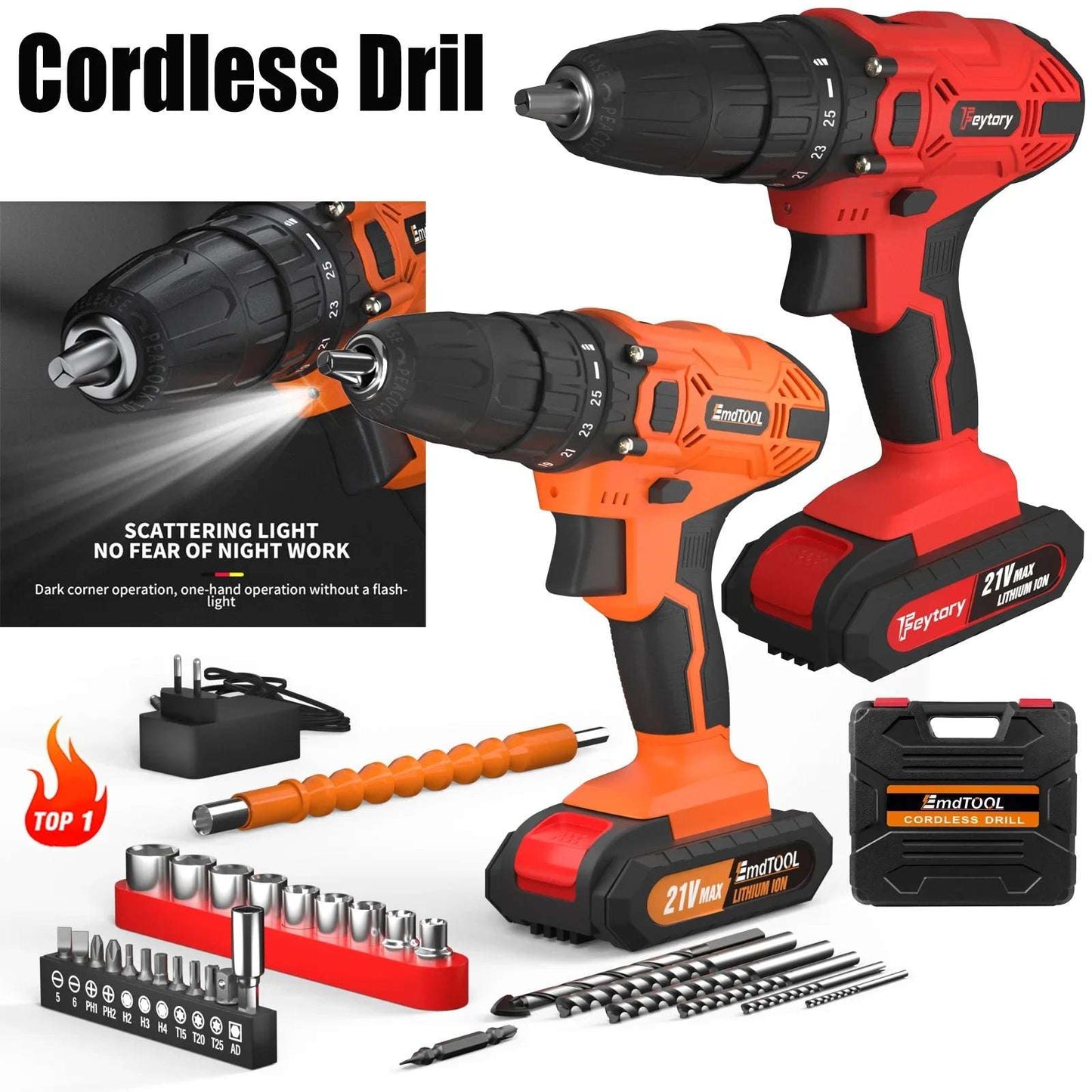 Day Plus 21V Cordless Power Drill, 3/8" Handheld Screwdriver Drill Set with 25+1 Torque Setting,1.5AH Li-ion Battery&Fast Charger