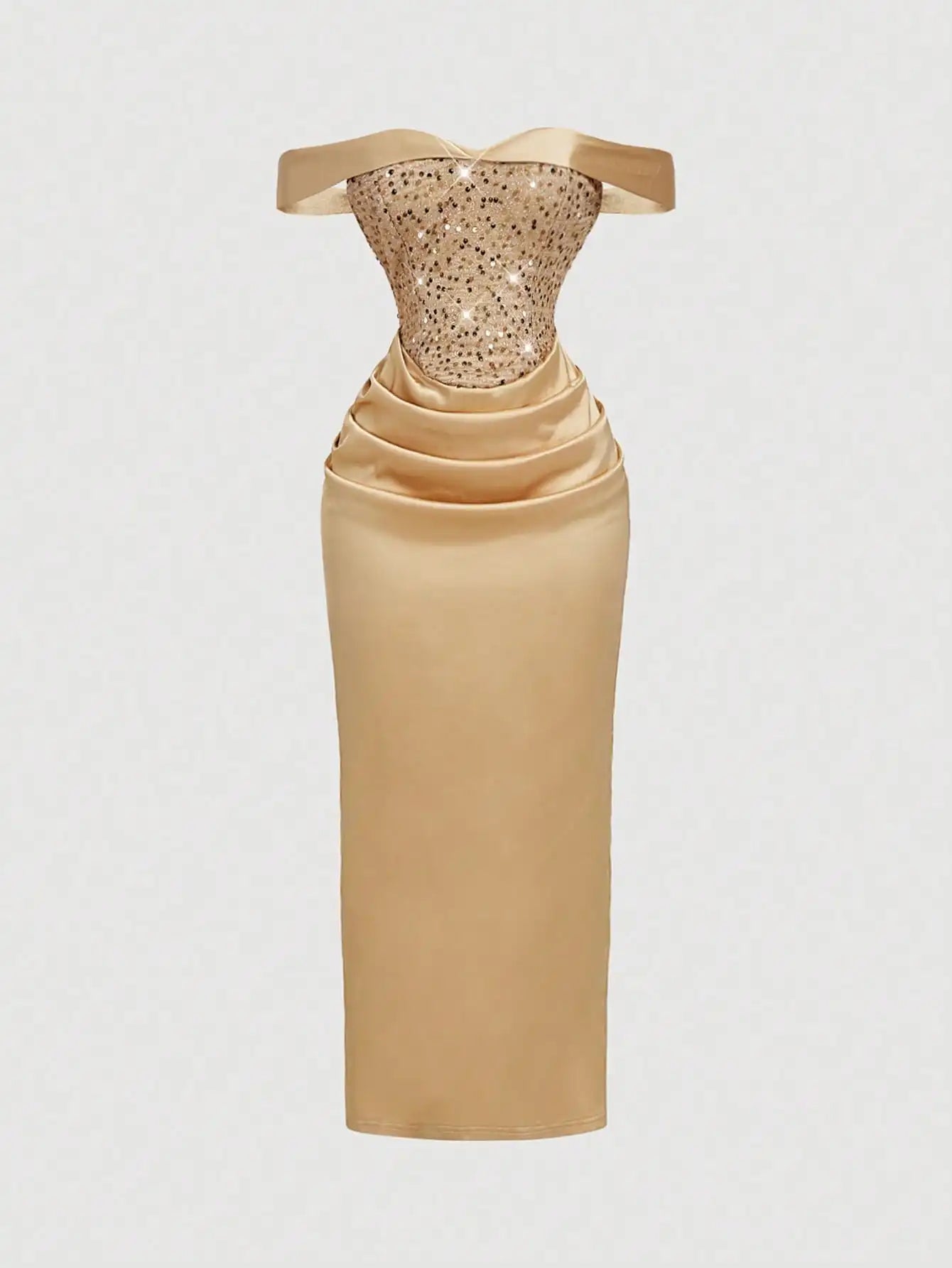 Champagne Sequin Off-Shoulder Ruched Midi Dress