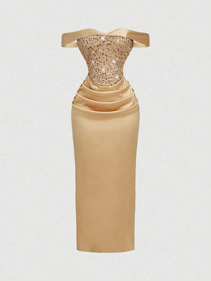 Champagne Sequin Off-Shoulder Ruched Midi Dress