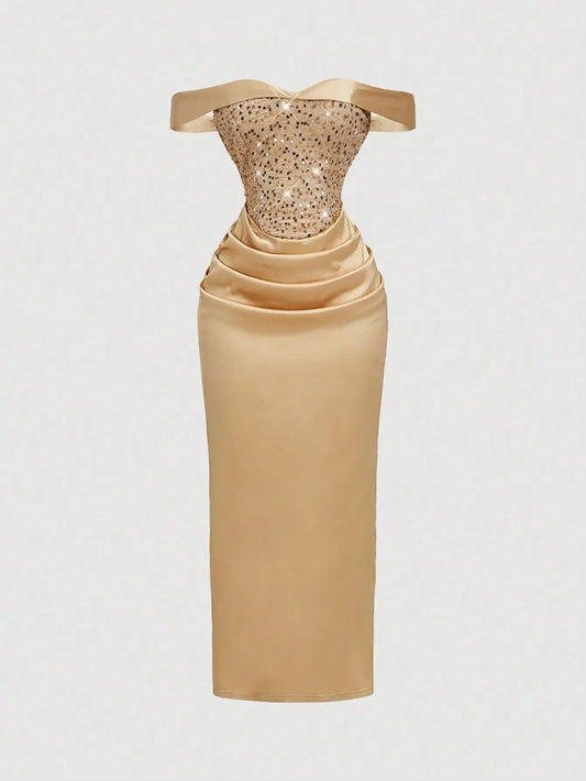 Champagne Sequin Off-Shoulder Ruched Midi Dress