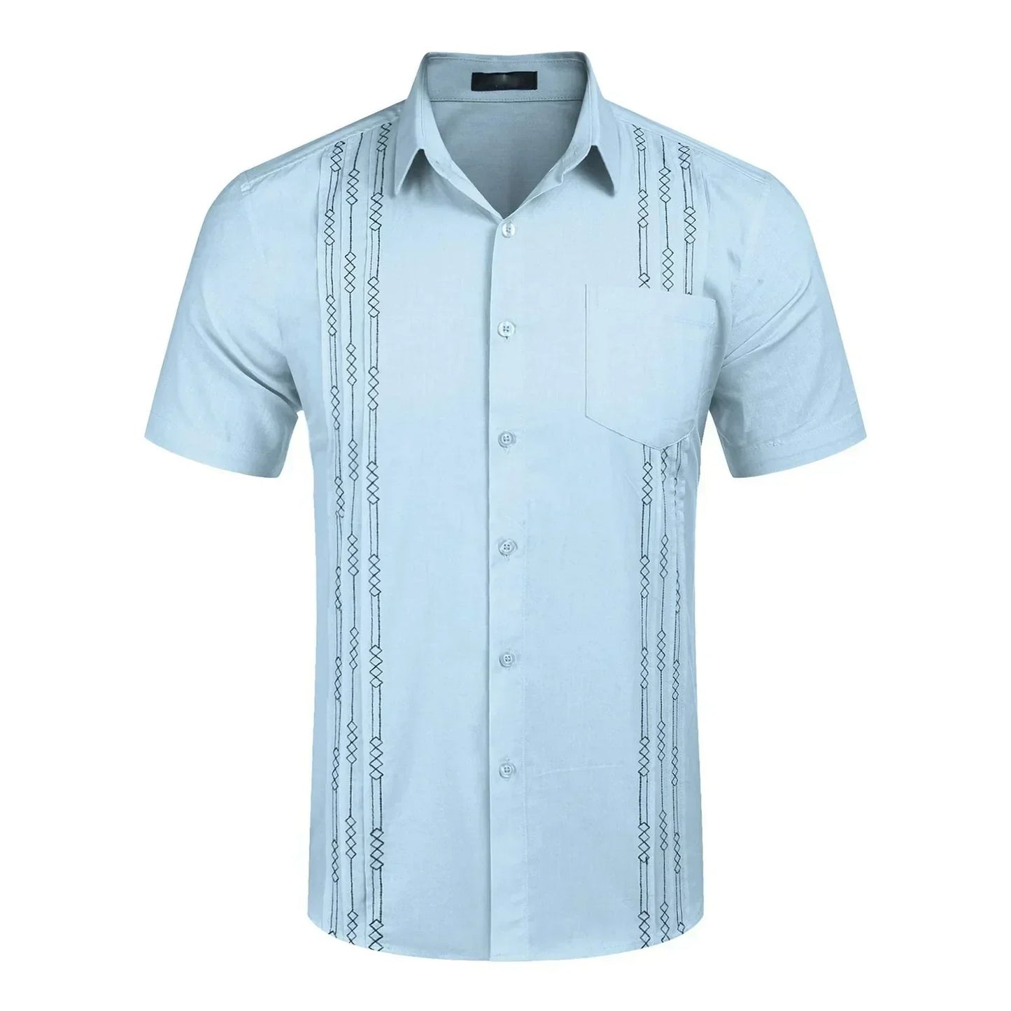 Men'S Short Sleeve Linen Shirt Cuban Beach Tops Pocket Guayabera Shirts Summer Commuting