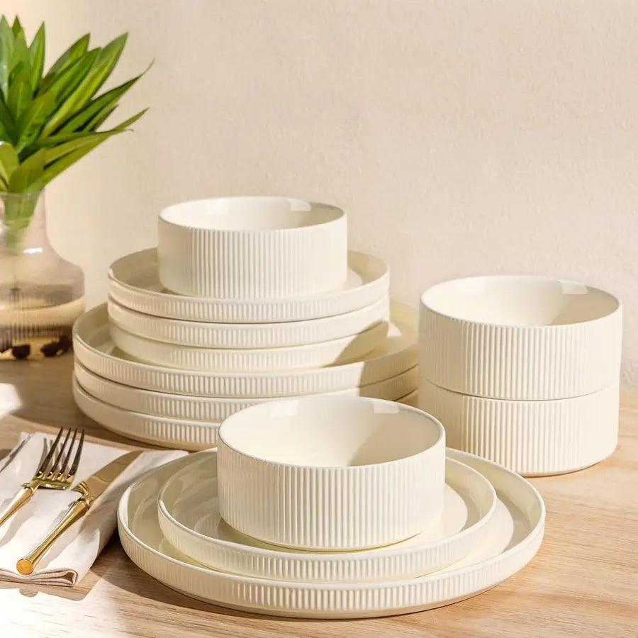 Ceramic Dinnerware Sets For 4, 12 Pieces Porcelain Lightweight Plates And Bowls Sets, Scratch Resistant Dish Set, Oven Amp Micro